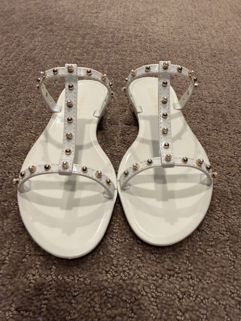 Stuart Weitzman Mellie Pearl Stud Jelly White T-Strap Sandals